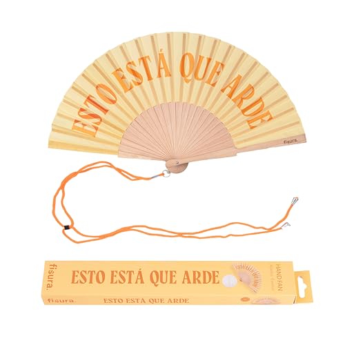 FISURA – Handfächer aus Holz mit der Aufschrift está que arde“. Farbenfrohes, stilvolles Accessoire, gelber Handventilator mit Aufhänger. Maße: 42,5 x 23 cm von FISURA