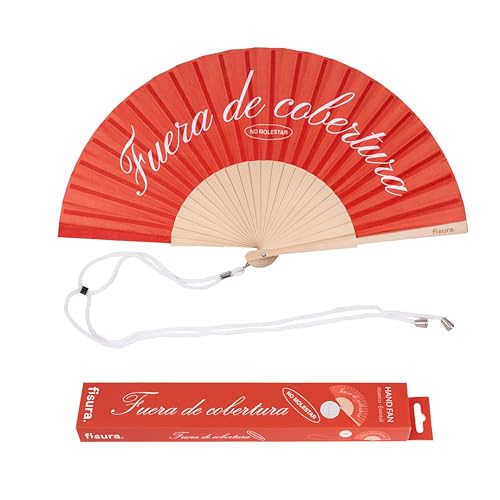 FISURA – Origineller Holzfächer mit der Aufschrift Fuera de Cobertura“. Stilvolles, farbenfrohes Accessoire, tragbarer roter Handventilator mit Aufhänger. Maße: 42,5 x 23 cm von FISURA
