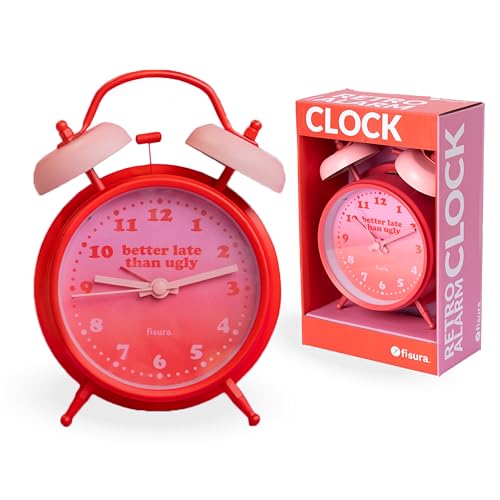 Fisura - Analoger Wecker in Rosa und Rot ohne Ticken, Nachttischuhr mit LED-Nachtlicht, Alarm mit Spruch Better Late Than Ugly“. Maße: 11,7x5,5x16 cm. Metall. 1x AA-Batterie (Nicht enthalten). von FISURA