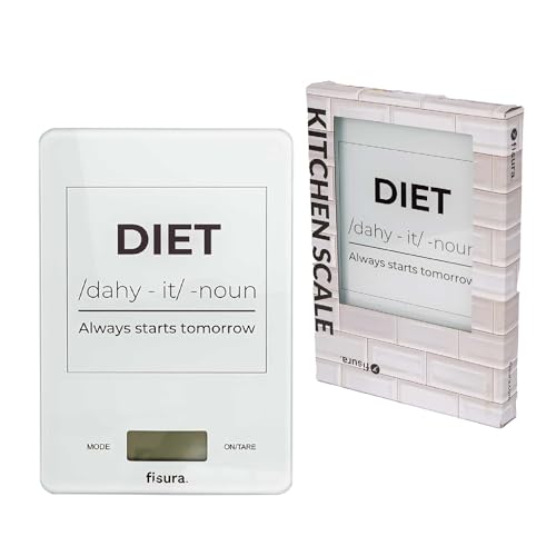 Fisura - Digitale Küchenwaage "diet" weiß. Originale elektronische Waage bis 5 kg/11 lbs. Multifunktions-Lebensmittelwaage aus Glas und ABS. 15 x 22 cm von FISURA
