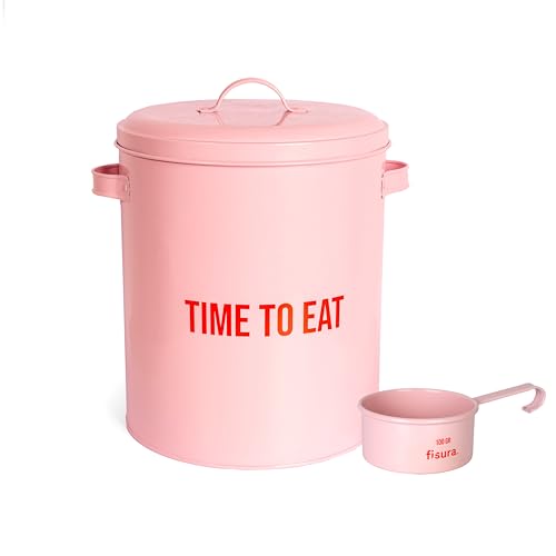 Fisura - Futterspender für Haustiere time to eat rosa. Futterbehälter mit Deckel und Messschaufel. Metallfutterbehälter für Hunde und Katzen. Kapazität von 5 kg. von FISURA