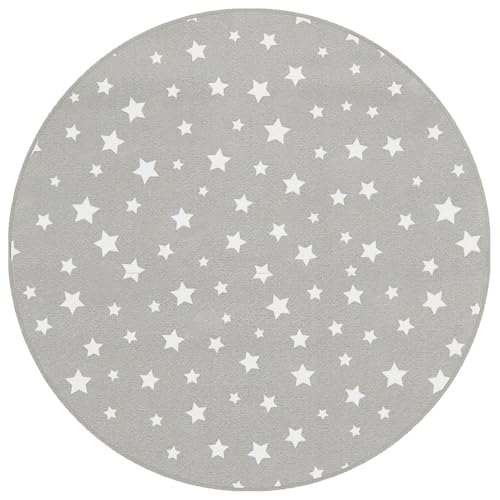 FISURA Grauer Teppich mit weißen Sternen, runder Teppich mit 100 cm Durchmesser, Kinderteppich mit Muster, 100 cm x 100 cm. von FISURA