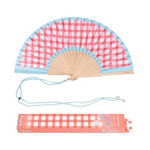 FISURA – Handfächer aus Holz mit Vichy-Karomuster. Modisches, farbenfrohes Accessoire, tragbarer rosa Fächer mit praktischem Aufhänger. Maße: 42,5 x 23 cm von FISURA