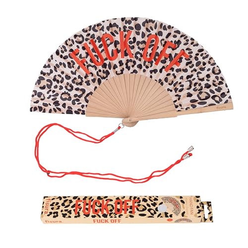 FISURA â€“ Handfächer aus Holz mit der Aufschrift F*ck offâ€œ. Trendiges, gewagtes Accessoire mit Leopardenmuster und roten Details, ideal für heiÃŸe Tage. Mit Aufhänger. MaÃŸe: 42,5 x 23 cm von FISURA