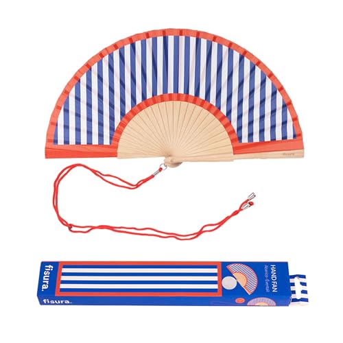 FISURA – Handfächer aus Holz mit gestreiftem Design in Blau und Rot. Trendiges, modernes Accessoire, tragbarer Handventilator mit praktischem Aufhänger. Perfekt für heiße Tage. Maße: 42,5 x 23 cm von FISURA