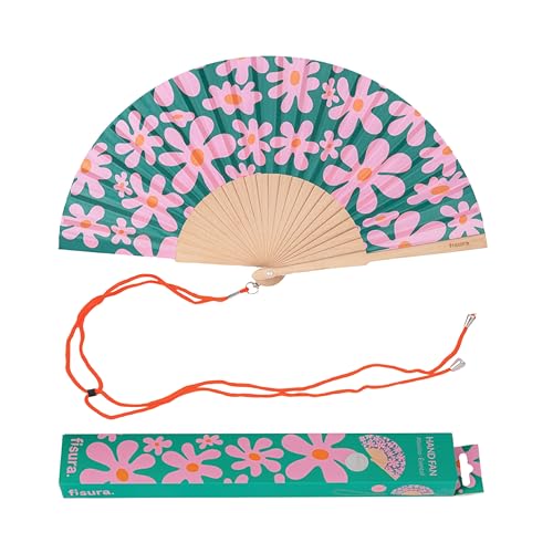 FISURA – Holzfächer mit Retro-Blumenmuster. Stilvolles, farbenfrohes Accessoire, tragbarer rosa-grüner Handfächer mit praktischem Aufhänger. Maße: 42,5 x 23 cm von FISURA