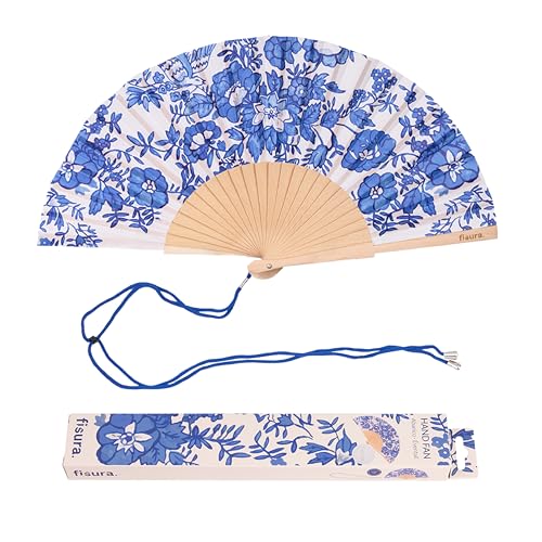 FISURA – Holzfächer mit blauen Blumen. Farbenfrohes und modernes Accessoire, handlicher Fächer in Blau-Weiß mit Aufhänger. Perfekt für heiße Tage. Maße: 42,5 x 23 cm von FISURA