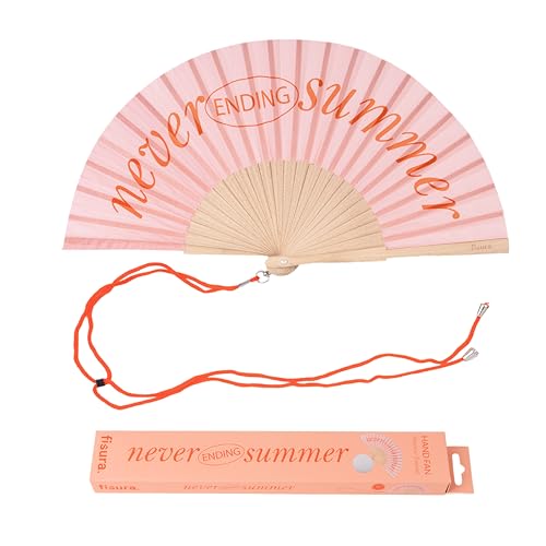 Fisura – Holzfächer mit der Aufschrift "Never ending summer“. Farbenfrohes, modernes Accessoire mit rosa-orangefarbenem Design, tragbarer Handventilator mit Aufhänger. Maße: 42,5 x 23 cm von FISURA