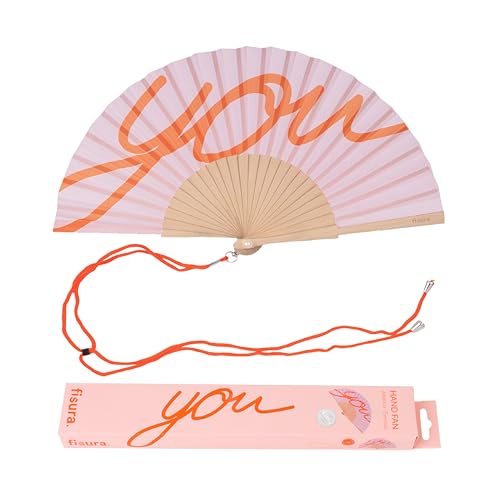FISURA – Holzfächer mit der Aufschrift You“. Farbenfrohes, trendiges Accessoire in Rosa und Orange, tragbarer Handventilator mit praktischem Aufhänger. Maße: 42,5 x 23 cmc von FISURA