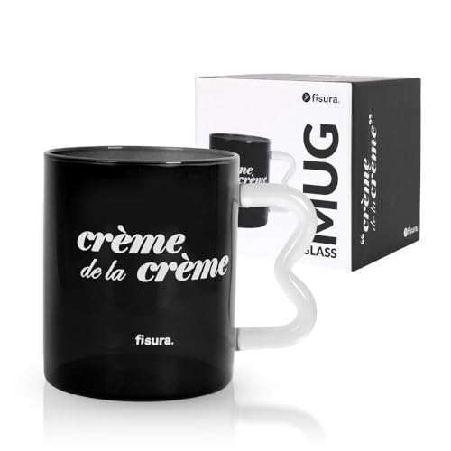 Fisura Kaffeetasse aus Glas mit Aufschrift "Crème", schwarze Borosilikat-Tasse mit original transparentem Henkel, Glasbecher für Tee oder Kaffee, 410 ml Fassungsvermögen. von FISURA