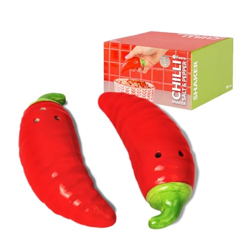 Fisura – Keramik-Salz- und Pfefferstreuer „Chili“ im fantasievollen Design. Zweiteiliges Set für die Tischdeko in Form von scharfen Schoten. Maße: 9 x 3 cm von FISURA