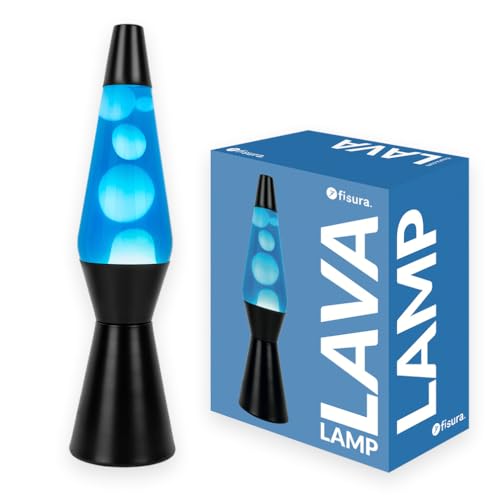 FISURA - Lava-Lampe Blau und Schwarz. Schwarzer Sockel, weiße Lava und blaues Flüssigkeit. Retro-Lava-Lampe mit Ersatzglühbirne. 11,5 cm x 11,5 cm x 40 cm. von FISURA