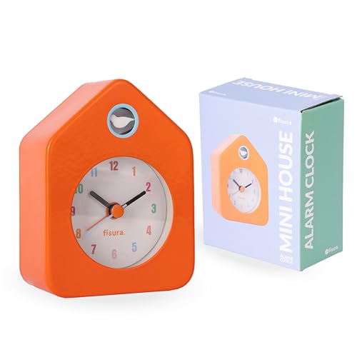 Fisura – Mini-Haus-Wecker Orange. Analoger Wecker ohne Tick-Tack. Kleine originelle Alarmuhr. 9,7 Zentimeter x 7,3 Zentimeter x 4,5 Zentimeter. 1 AA-Batterie von FISURA