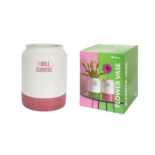 Fisura - Moderne dekorative Vase Survival. Vase mit Botschaft. Weiße und rosa Keramikvase. Originelle weiße und rosa Vase. Maße: 14,9 Zentimeter x 14,5 Zentimeter von FISURA