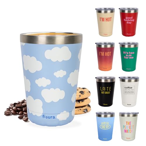 FISURA – Originaler Thermobecher wolken. Blaue Isoliertasse für unterwegs. 310-ml-Kaffeebecher aus Edelstahl. Perfekt fürs Auto oder Büro. BPA-frei. Praktisch und leicht zu transportieren. von FISURA