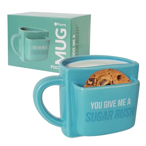 Fisura Originelle Geschenktasse "A sugar rush", blaue Teetasse mit Kekstasche, lustige Frühstückstasse, modernes Frühstücksglas, 360 ml Fassungsvermögen von FISURA