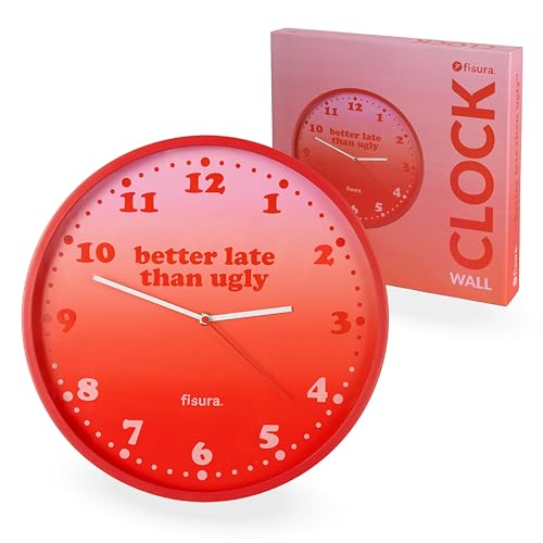 Fisura – Originelle Wanduhr Better Late Than Ugly Leise 35 cm Wanduhr in Rosa und Rot für Küche, Büro, Schlafzimmer. Modernes Design. 1x AA-Batterie (Nicht enthalten). von FISURA