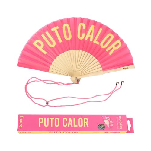 Fisura - Origineller Handfächer mit Botschaft "p*to calor". Moderner und lustiger Holzfächer. Rosa und gelber Fächer. Maße: 42,5 x 23 cm. Holz und Textil. Fisura - Origineller Handfächer mit Botschaft "p*to calor". Moderner und lustiger Holzfächer. Rosa und gelber Fächer. Maße: 42,5 x 23 cm. Holz und Textil. von FISURA
