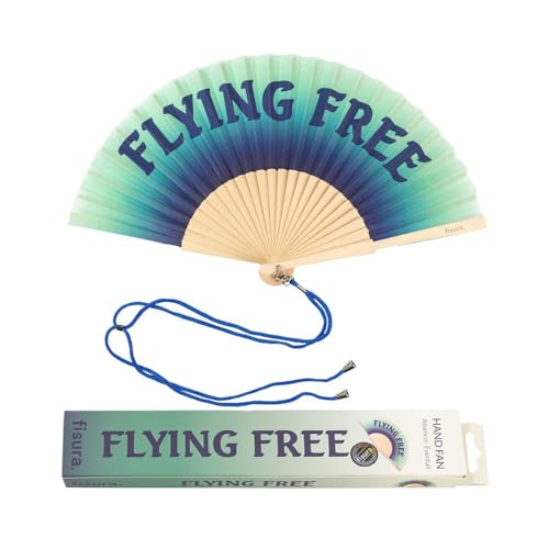 Fisura - Origineller Handfächer mit der Aufschrift "Flying free". Moderner und lustiger Fächer aus Holz. Blauer Fächer. Maße: 42,5 x 23 cm. Materialien: Holz und Textil. von FISURA