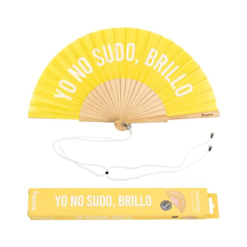 Fisura - Origineller Handfächer mit der Botschaft "yo no sudo, brillo". Moderner und lustiger Fächer. Gelber Faltfächer. Maße: 42,5 x 23, Holz und Textil. von FISURA