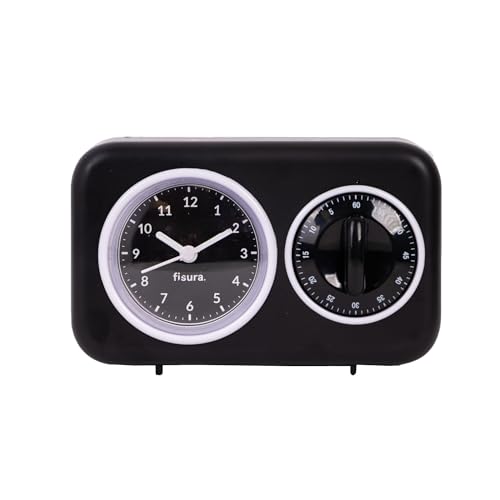 Fisura - Retro Küchen-Timer schwarz. Analoger Küchen-Timer für 60 Minuten. Multifunktionaler Timer mit Uhr und Alarmfunktion. Originaler Timer. Pomodoro-Timer. von FISURA