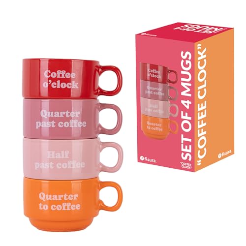 Fisura – Set mit originellen Tassen Coffee Clock. Weiße Tassen mit lustigen Sprüchen. Originelle Tassen mit Botschaft als Geschenk. Set mit 4 humorvollen Keramiktassen von FISURA