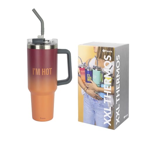 Fisura – Thermoflasche 1,2 Liter "I’m hot“. Große Thermoflasche in Rosa degradiert. Flasche aus Edelstahl. BPA-frei. Hält Getränke 24 Stunden kalt / 12 Stunden warm. Mit Strohhalm. 9,8 x 27,8 von FISURA