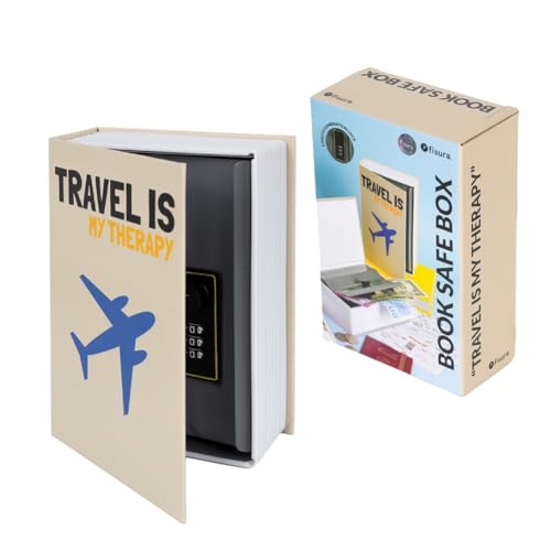 Fisura – Tresor in Buchform "Travel is my therapy". Originaler Buchsafe mit Zahlenschloss. Versteckte Geldkassette. Originale Kassette mit Schloss. Maße: 18 x 11,5 cm von FISURA