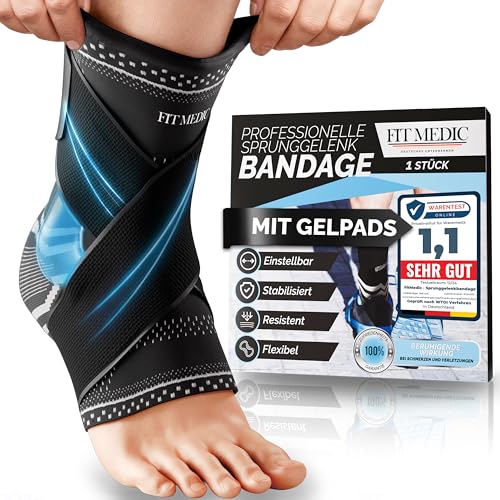 FIT MEDIC® Premium Sprunggelenkbandage mit Gel-Pad | Medizinische Fußbandage stützend & einstellbar | Unisex Knöchel-bandage für Sprunggelenk Sport&Alltag Achillessehne Knöchelschutz gegen Überlastung von FIT MEDIC
