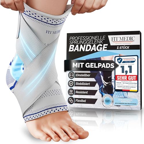 FIT MEDIC® Premium Sprunggelenkbandage mit Gel-Pad | Medizinische Fußbandage stützend & einstellbar | Unisex Knöchel-bandage für Sprunggelenk Sport&Alltag Achillessehne Knöchelschutz gegen Überlastung von FIT MEDIC