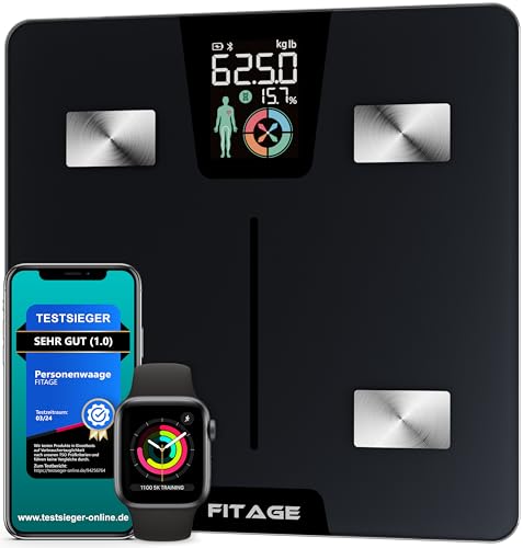 FITAGE Personenwaage digital Testsieger 2024, Körperwaage bis 180kg, Körperfettwaage mit 17 Körpermesswerten, Körperanalyse mit App, Waage mit Körperfett und Muskelmasse mit großem LCD-Display von FITAGE