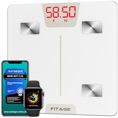 FITAGE Personenwaage digital Testsieger 2024, Körperwaage bis 180kg, Körperfettwaage mit 17 Körpermesswerte, Körperanalyse mit App, Waage mit Körperfett und Muskelmasse, 28 x 28cm Weiß von FITAGE