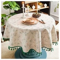 Runde Tischdecke aus Baumwollleinen mit Blumendruck, waschbare runde Tischdecke mit Fransen, kleine runde Tischdecke, fleckenabweisend, Dekoration von FITAGS