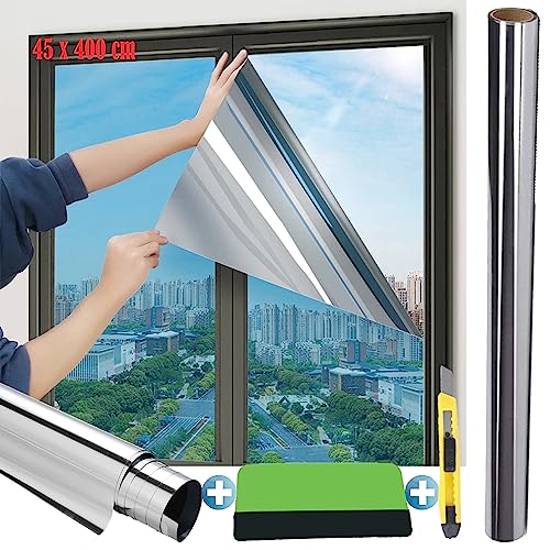 Spiegelfolie Selbstklebend | UV-Schutz Sonnenschutzfolie Fenster Innen oder Außen | Selbsthaftend Silber reflektierende Fensterfolie | Rückstandslose Sonnenschutz Folie für Büro und Haus (45 X 400 cm) von FITCXJX