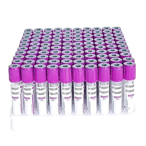 100 Stück Reagenzgläser aus Kunststoff, 2 ml/5 ml/10 ml EDTA K2-Glasröhrchen, mit violetten Schraubverschlüssen + Etiketten, for Labore(2ml) von FITIOS