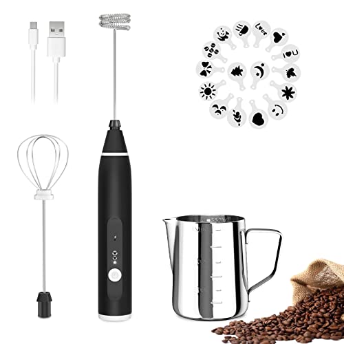 FITNATE USB Milk Coffee frother, elektrischer Milchaufschäumer Stab mit 3 Stufen, 2 Edelstahl Schneebesen und Kanne für Kaffee, heiße Schokolade, Latte, Cappuccino,12V aufladbar von FITNATE