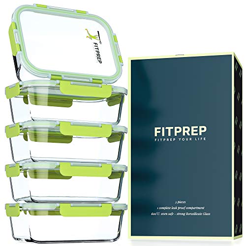 FITPREP® Frischhaltedosen aus Glas 10 teiliges Set [5 Meal Prep Boxen Glas + 5 Deckel ] Premium Vorratsdosen mit Lifetime Lasting - 880 ml - perfekte Größe von FITPREP
