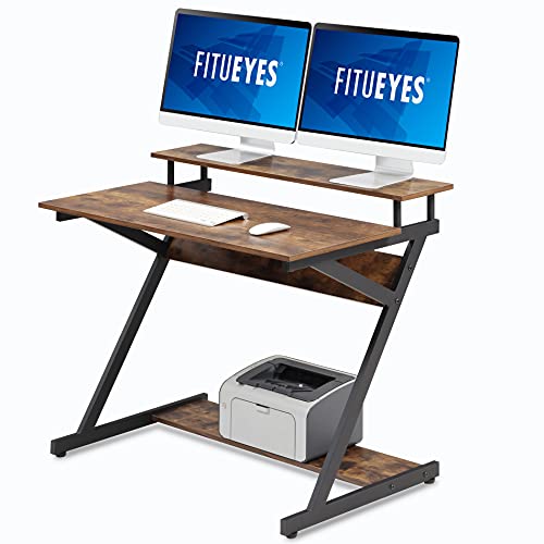 FITUEYES Z-Schreibtisch mit zweistufiger Tischplatte, Computertisch mit Monitor Riser, Holz bürotisch Haus Büro, Lagerung Workstation Tabelle Studiertisch für Home Office 100x60x84cm von FITUEYES