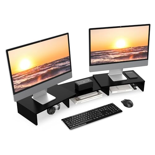 FITUEYES Dual Monitorständer aus Holz, Verstellbare Länge und Schwenkwinkel Bildschirmständer, Monitor Stand Riser für PC Monitor Laptop Drucker, 92,5-108x 23,5X 10,2 cm Schwarz von FITUEYES