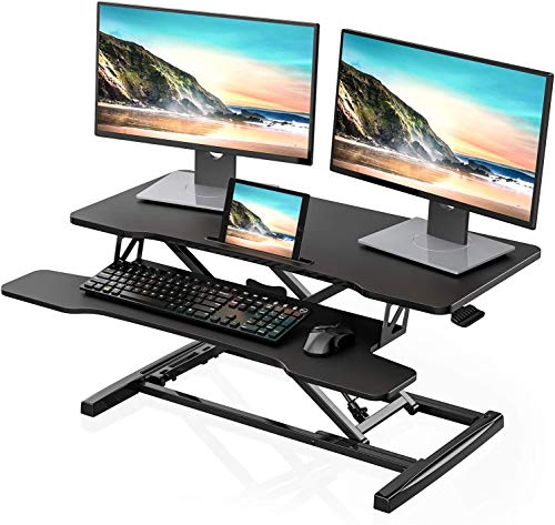 FITUEYES Höhenverstellbar Schreibtischaufsatz Büro Sitz Steh Computertisch 92 x 40 cm Stehpult mit Tastaturablage Geeignet für Zwei Monitore Schwarz, SD309101WB von FITUEYES