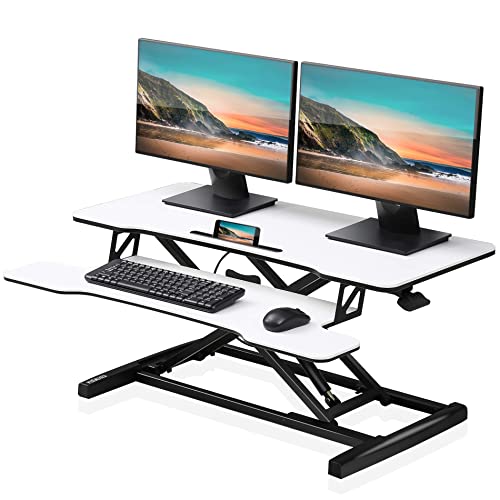 FITUEYES Höhenverstellbar Schreibtischaufsatz Büro Sitz Steh Computertisch 92 x 40 cm Stehpult mit Tastaturablage Geeignet für Zwei Monitore Weiß von FITUEYES