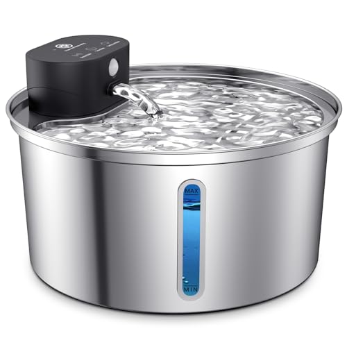FIVAVA Katzenbrunnen Kabellos Edelstahl 3.2L Trinkbrunnen für Katze Kabellos,Katzen Trinkbrunnen Sensor Cat Fountain 3 Modi Katzenbrunnen für Katzen Super LeiseTransparentes Fenster 2 Filter von FIVAVA