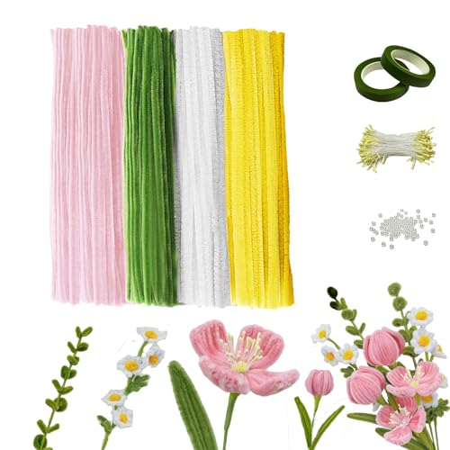 FIVAVA Pfeifenputzer zum Basteln,500 Stück Pfeifenreiniger Blumen Set 4 Farben,Pfeifenreiniger zum Basteln mit 300 Stück Staubgefäße,Blumendraht,Geschenkband für DIY Blumenstrauß Dekorationen (Rosa) von FIVAVA