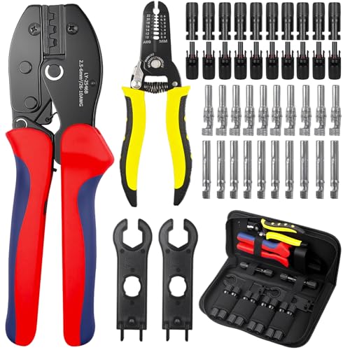 FIVAVA Solar-Crimpzange Set, 1 x Crimpzange, 1 x Abisolierzange, 10 Paar Kabelverbinder, 10 Paar Männlich/Weiblich Stecker, 2 Schraubenschlüssel – für 2,5–6 mm² Solarkabel. von FIVAVA