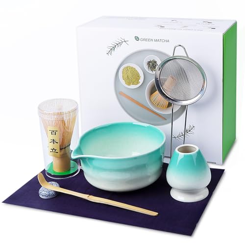 Matcha Set - 7 Pcs Matcha Tea Set, Matcha Schale mit Ausgießer, Keramische Matcha Tee Set mit Bambusiger Matcha Besen – Speziell für Matcha-Liebhaber Entworfen (Emerald-Gradient) von FIVAVA