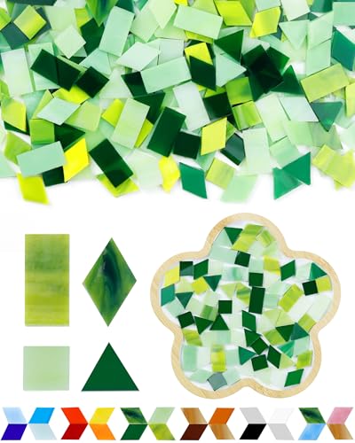 FIVEIZERO Glasmosaikfliesen zum Basteln, 260 g, 300 Stück, winziges Mosaikfliesen-Set, unregelmäßige Stücke für DIY-Schmuck, Untersetzer-Kunst- und Mosaik-Kits (grün) von FIVEIZERO