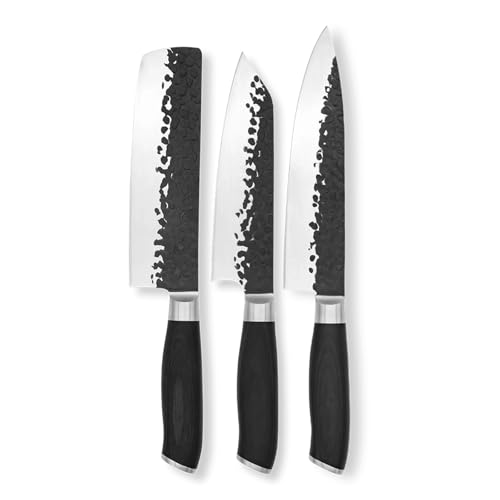 FIVI Küchenmesser Set 3-teilig | YUKI MATT ROLF | Profi Messerset aus deutschem Stahl mit Hammerschlag & ergonomischen Pakkaholzgriffen | Rostfreier Spezialstahl | Kiritsuke, Hackmesser & Kochmesser von FIVI