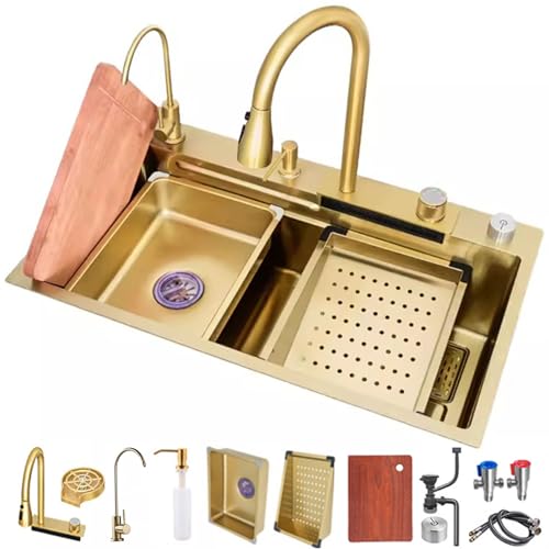 FIVIXIL Kitchen Sink Rainwaterfall Single Bowl with Pull-Out Fittings, Pressure Pot Rinse, Cutting Board, Drip Basket and Other Accessories Workstation (Gold, 68 * 45 * 21) von FIVIXIL