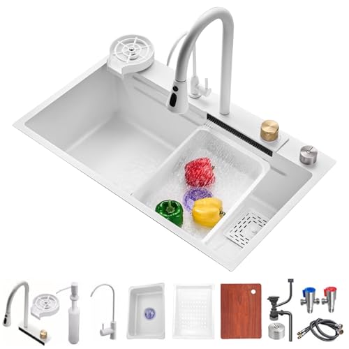 FIVIXIL Kitchen Sink Rainwaterfall Single Bowl with Pull-Out Fittings, Pressure Pot Rinse, Cutting Board, Drip Basket and Other Accessories Workstation (White, 85 * 45 * 21) von FIVIXIL