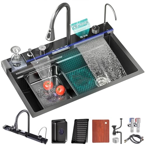 FIVIXIL Küchenspüle 90*50cm Whale digitales Wasserfall-Spülbecken mit Tassenwaschanlage, Seifenspender, Flying Rain Wasserfall-Auslauf, Tischsteuerung und weiteren Funktionen Arbeitsplatz-Küchenspülen von FIVIXIL